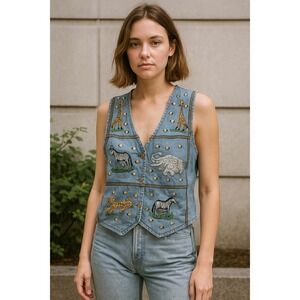 Christopher & Banks Blue Denim Animal Embroidered Vest Safari Size M‎ Button NWT